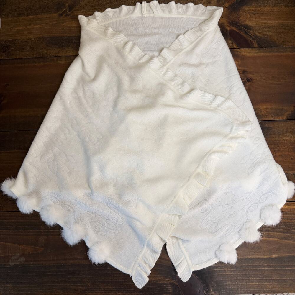 La Fiorentina White Knit Shawl Wrap Rabbit Fur Pom Pom Trimmed Long Scarf Angora - Picture 8 of 13
